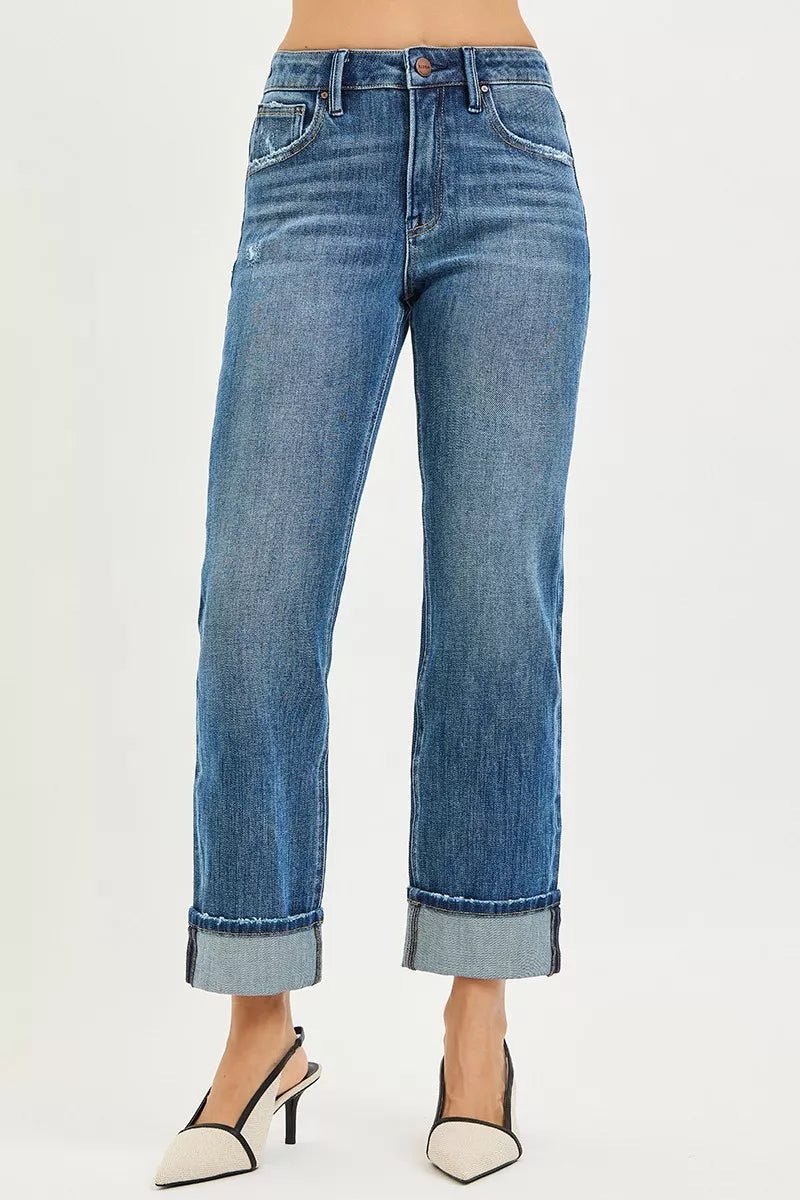 RISEN Full Size 4 Way Stretch Slouchy Straight Jeans with Cuffed Hem Plus Size - PBNJ FASHIONS