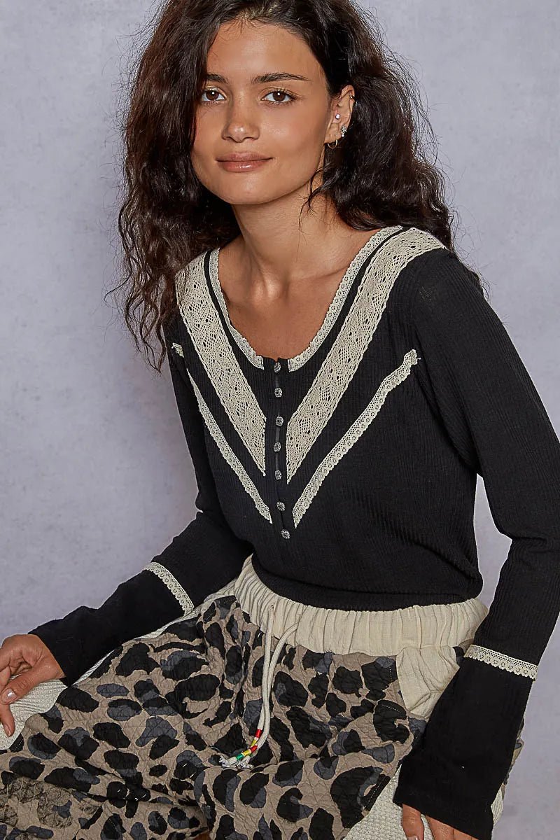 POL Ribbed Half Button Lace Detail Knit Top - PBNJ FASHIONS