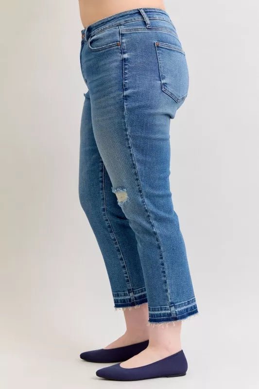 Judy Blue Full Size Mid Rise Bf Patch & Repair Destroy Release Hem Jeans Plus Size - PBNJ FASHIONS