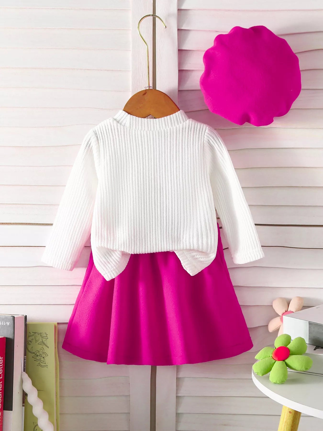 Children's Floral Applique Ribbed Knit Top & Pleated Skirt Set with Hat - PBNJ FASHIONS
