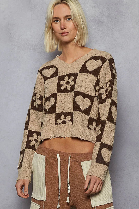 POL V - Neck Heart Pattern Checkered Sweater - PBNJ FASHIONS