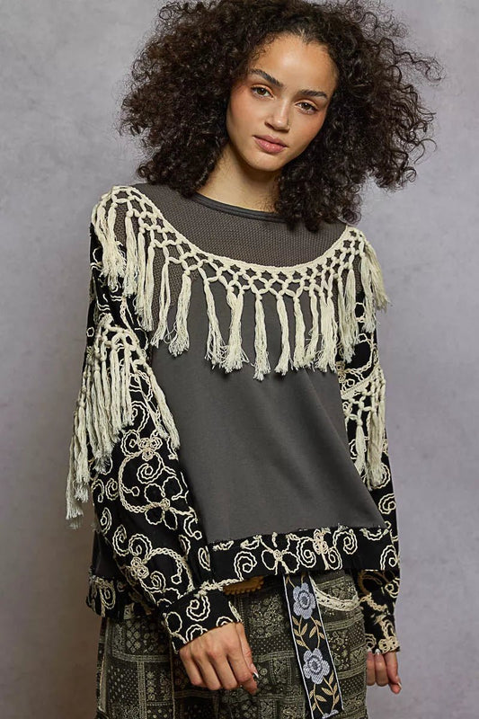 POL Contrast Floral Embroidery Balloon Sleeve Top with Tassel Trim - PBNJ FASHIONS