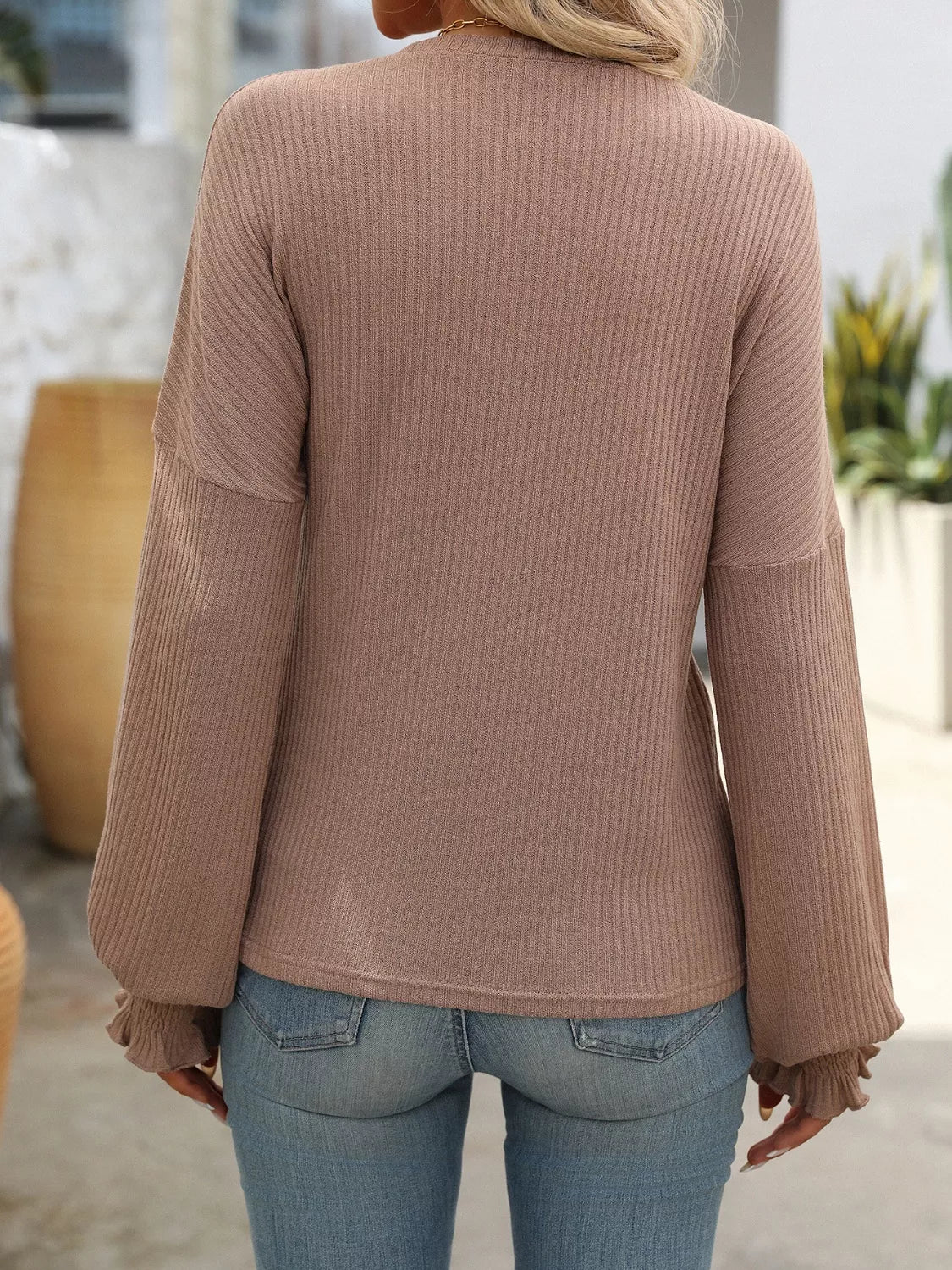 Ribbed Knit Ruffle Cuff T-Shirt - PBNJ FASHIONS