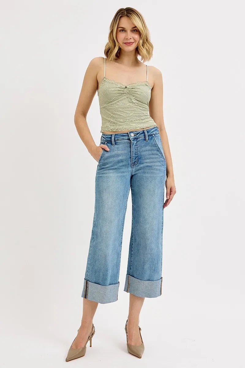 RISEN Full Size Tummy Control High Rise Ankle Wide Cuffed Jeans Plus Size - PBNJ FASHIONS