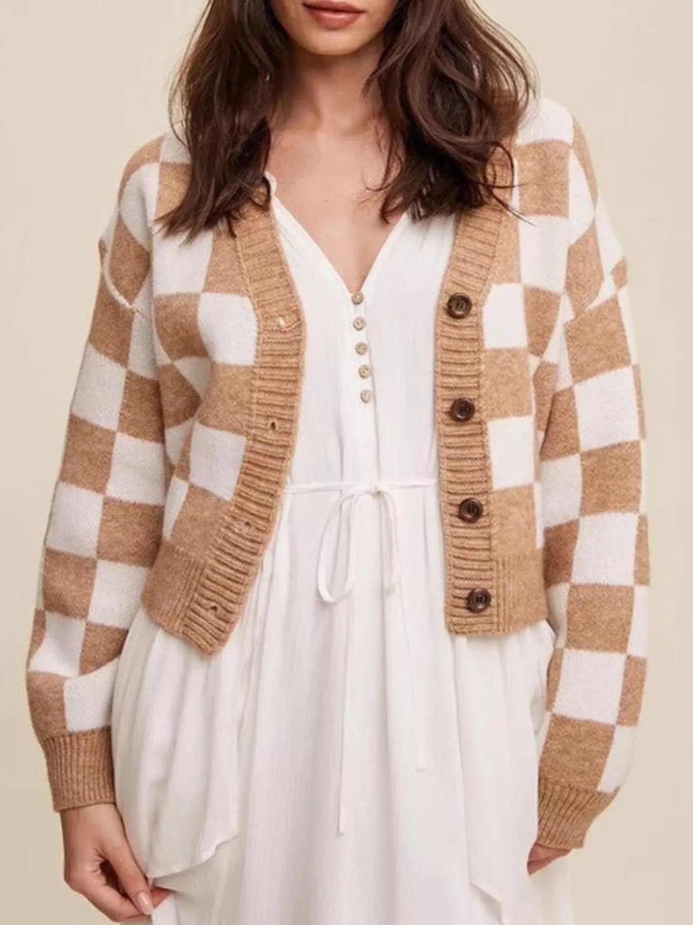 Checkerboard Pattern Button - Down Cardigan - PBNJ FASHIONS