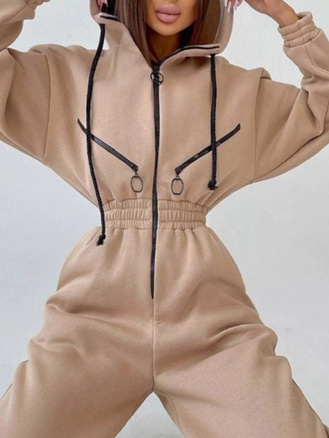 Hooded Zip - Up Long Sleeve Jumpsuit - PBNJ FASHIONS