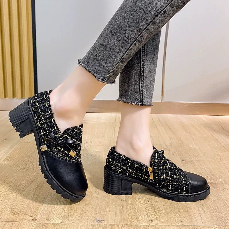 Round Toe Block Heel Boots - Mid Heels, PU Leather & Fluff Material - Size 36-42 (US5-US10.5) - Black