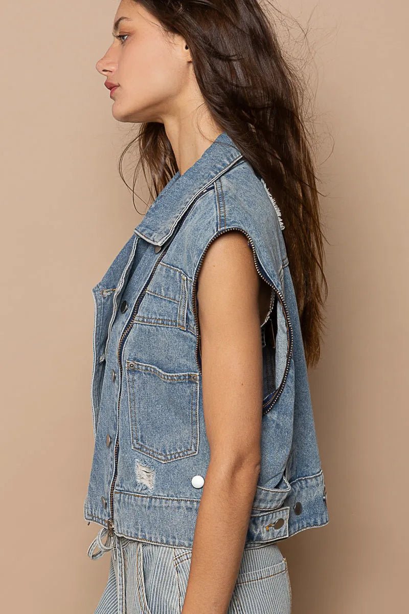 POL Cropped Denim Jacket with Functional Zipper Detail - PBNJ FASHIONS