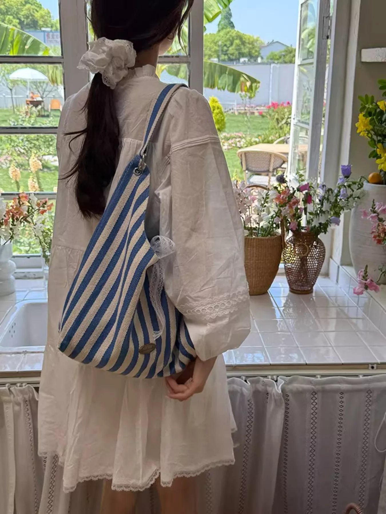 Canvas Tote Bag - Chic Striped Design - Sky BlueOne SizeFashionable Purses