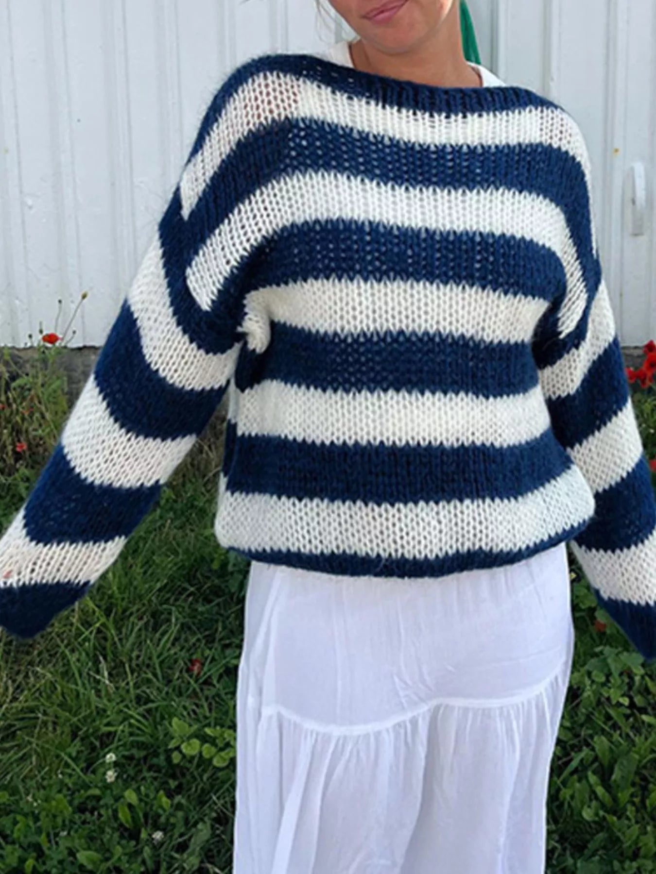 Striped Knit Long Sleeve Sweater - PBNJ FASHIONS