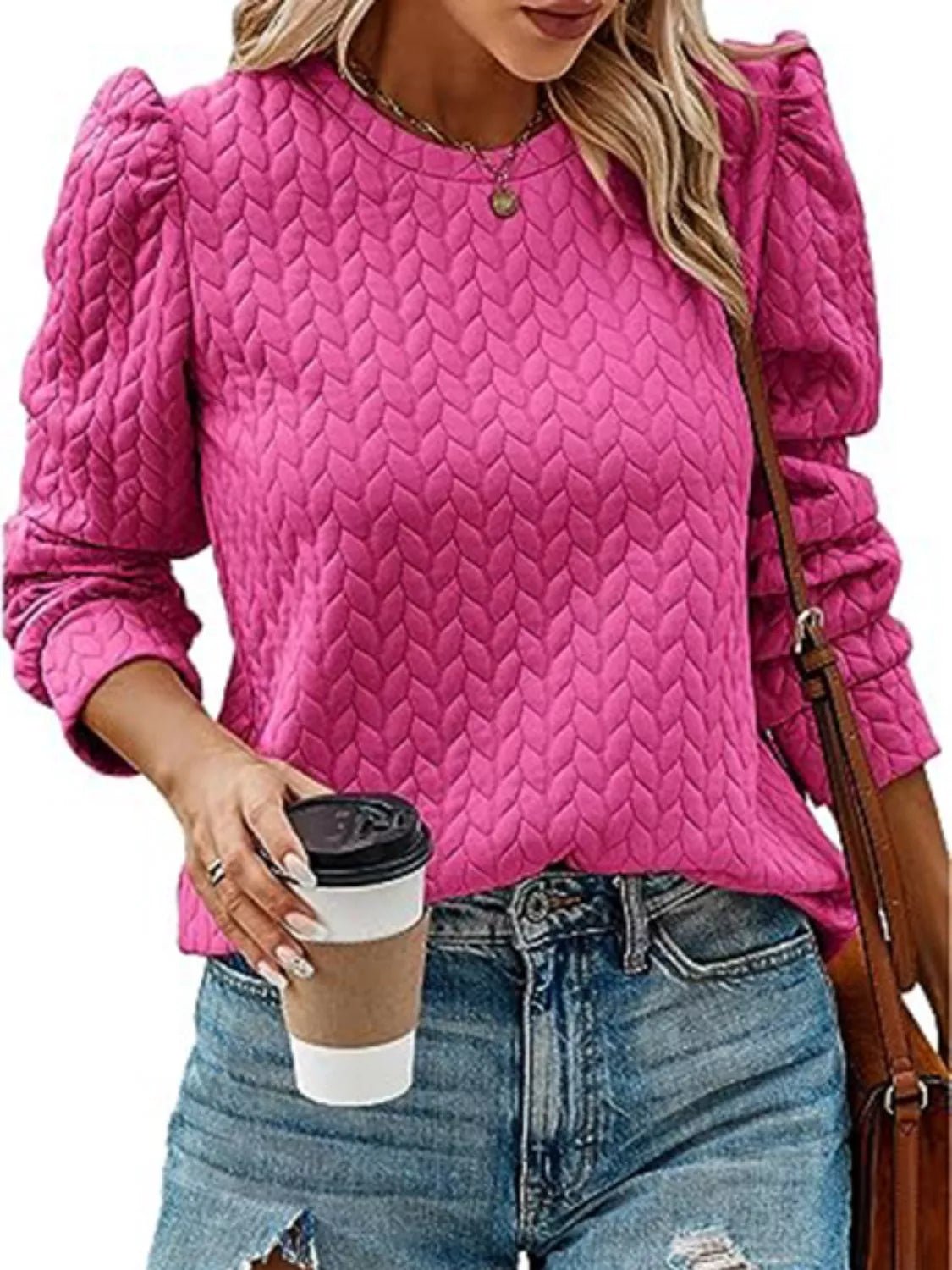 Textured Round Neck Long Sleeve Blouse - PBNJ FASHIONS