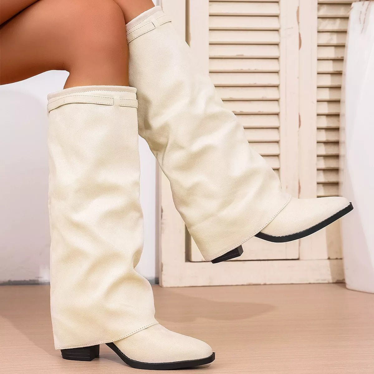 Point Toe Suede Block Heel Boots - Mid Heels, Rubber Sole - Size Conversion Included - PBNJ FASHIONSBeige