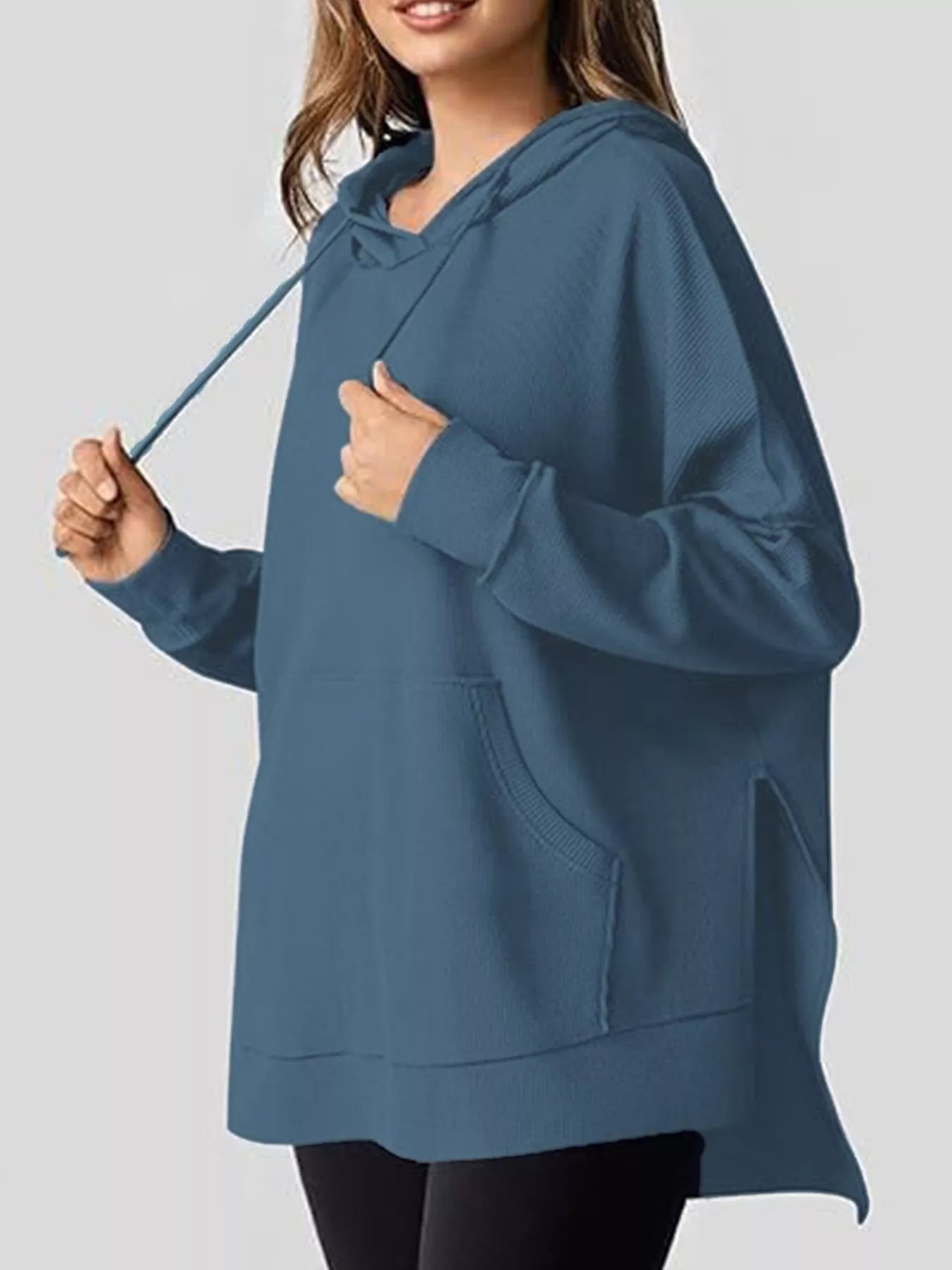 Oversized Drawstring Side Slit Hoodie - PBNJ FASHIONS