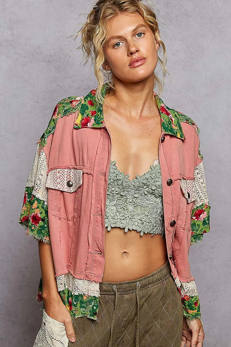 POL Lace Patch Floral Half Sleeve Shacket - PBNJ FASHIONS