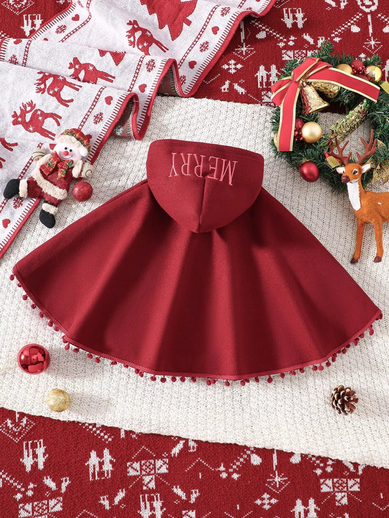 Children's Reindeer Embroidered Christmas Cape Outerwear - PBNJ FASHIONS
