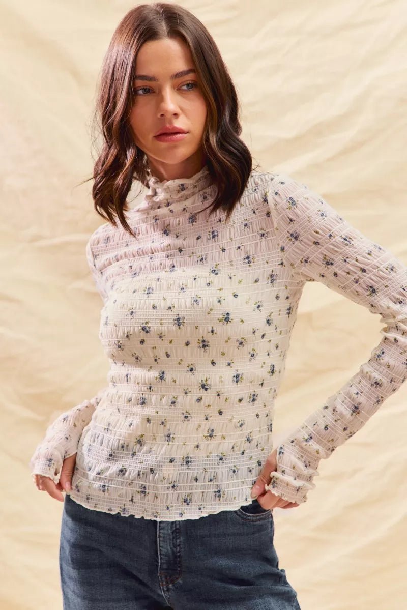 SO ME Floral Print Textured Long Sleeve Knit Top - PBNJ FASHIONS