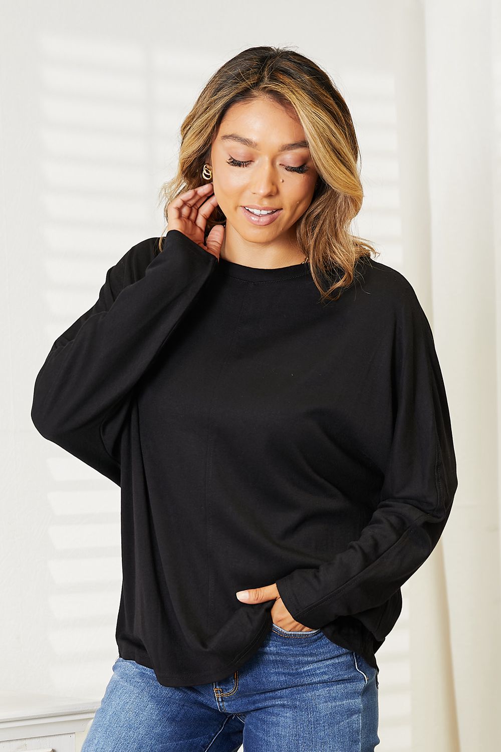 Double Take Seam Detail Round Neck Long Sleeve Top - PBNJ FASHIONS