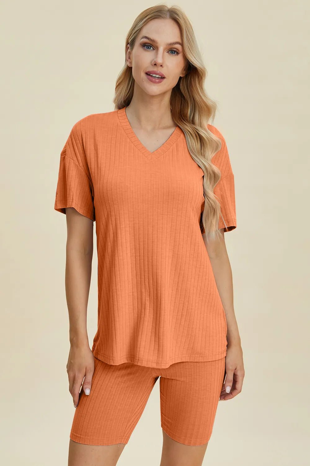 Basic Bae Full Size Ribbed V - Neck Short Sleeve Top and Shorts Set - PBNJ FASHIONS