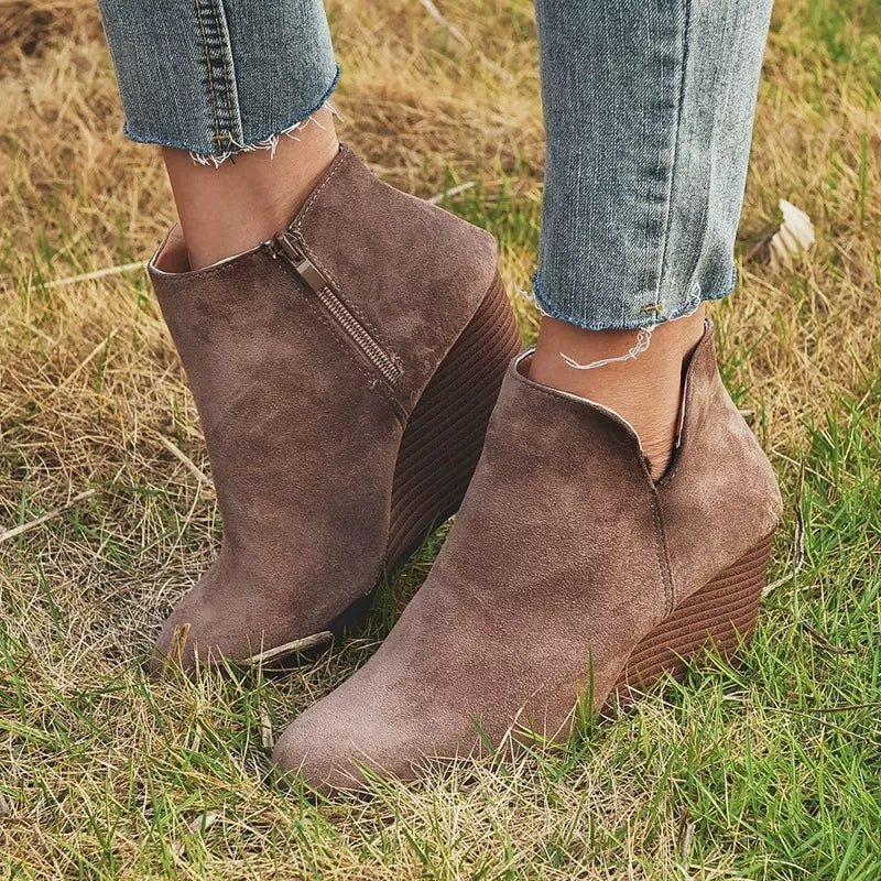 Side Zipper Wedge Boots - Heel Suede Shoes, Sizes US 5-11 - PBNJ FASHIONS