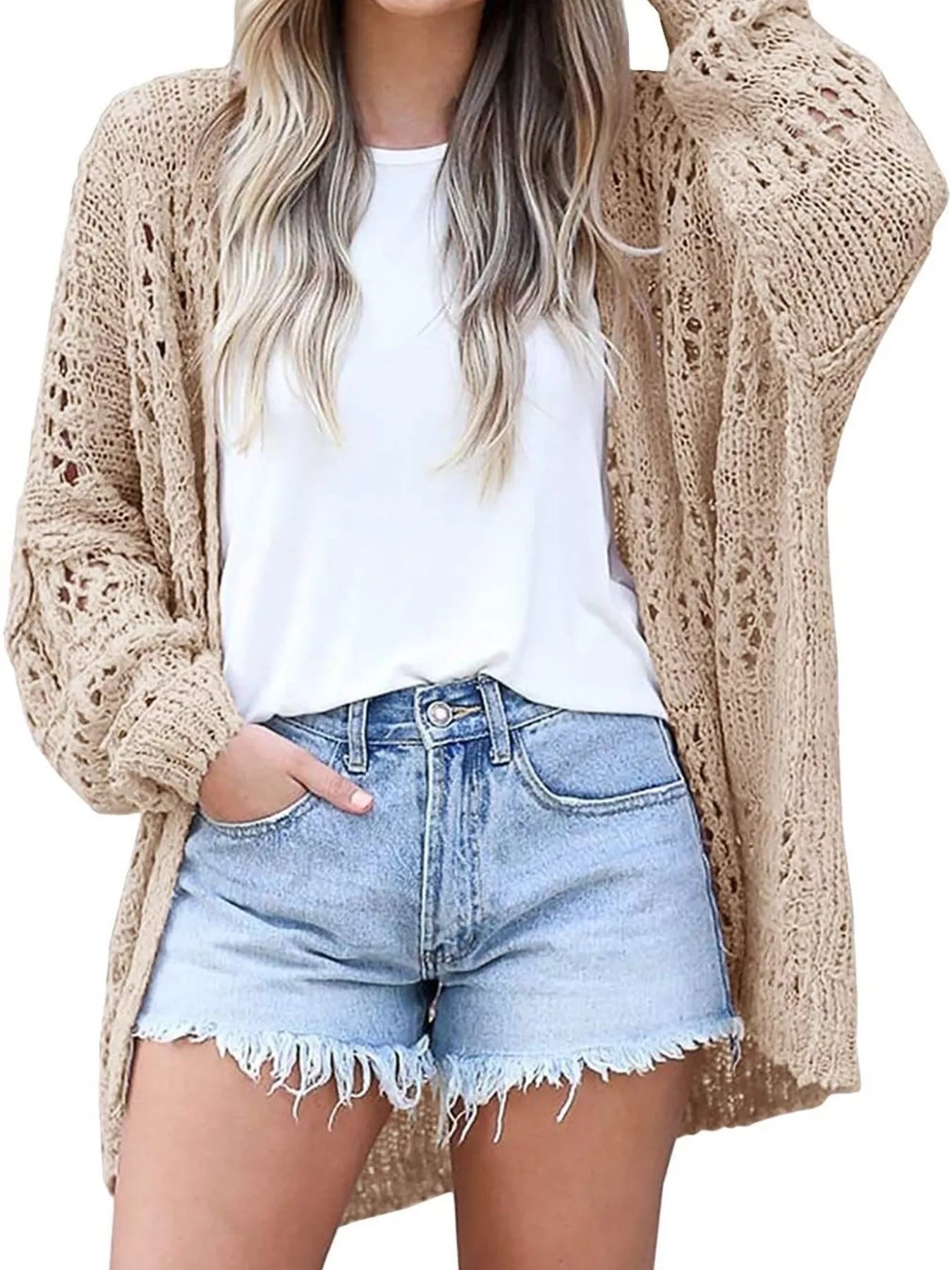 Full Size Openwork Open Front Lightweight Cardigan Plus Size - PBNJ FASHIONS