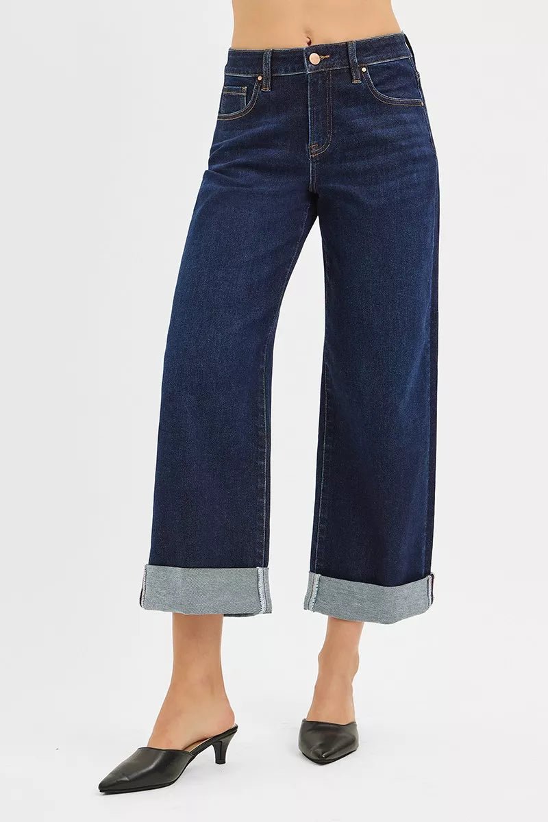 RISEN Mid Rise Fit Ankle Wide Roll Up Jeans - PBNJ FASHIONS