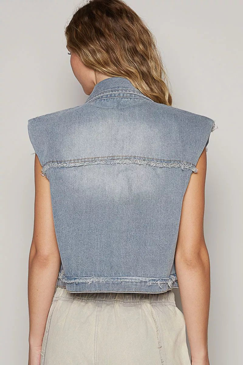 POL Assymetrical Front Closure Raw Hem Denim Vest - PBNJ FASHIONS