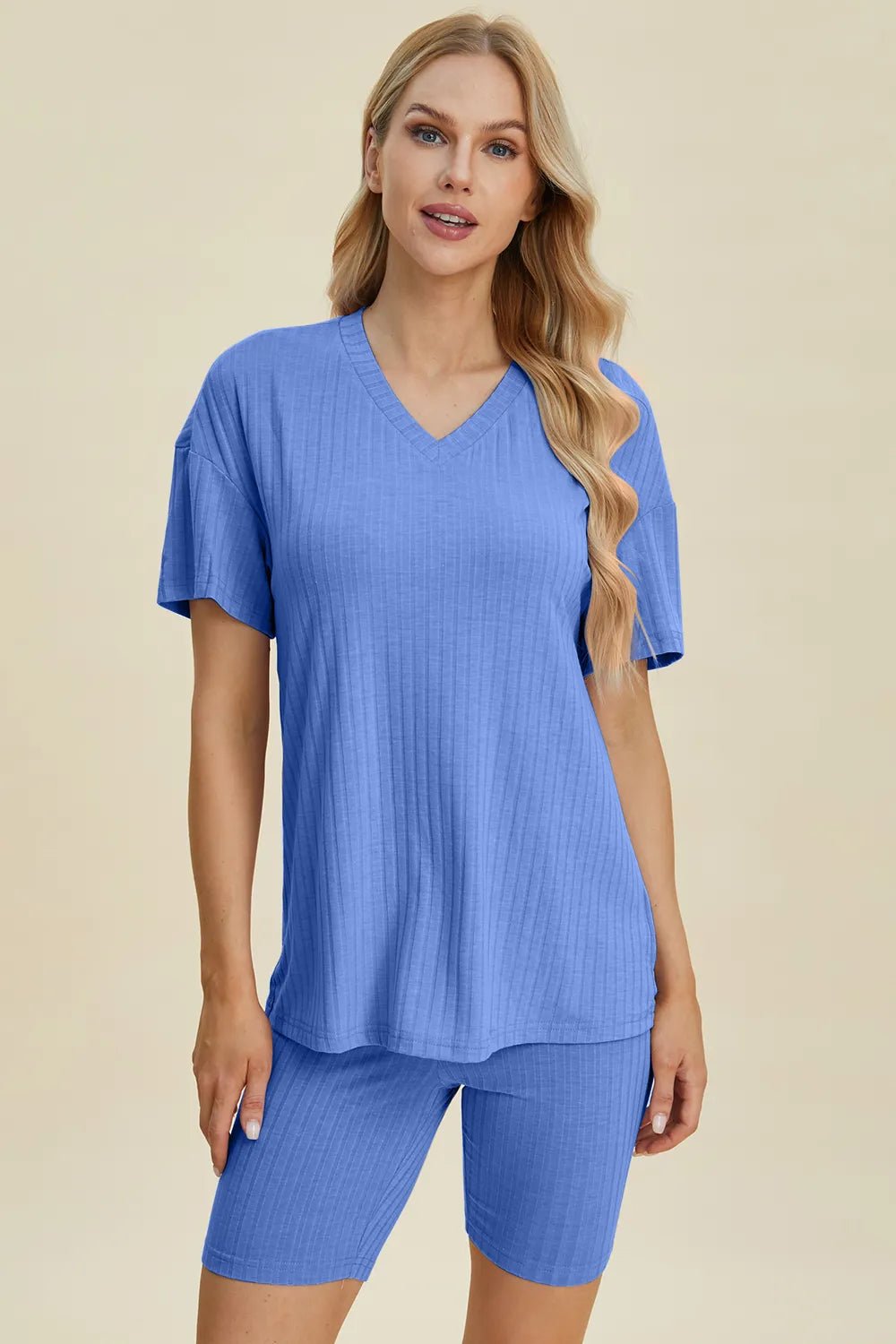Basic Bae Full Size Ribbed V - Neck Short Sleeve Top and Shorts Set - PBNJ FASHIONS