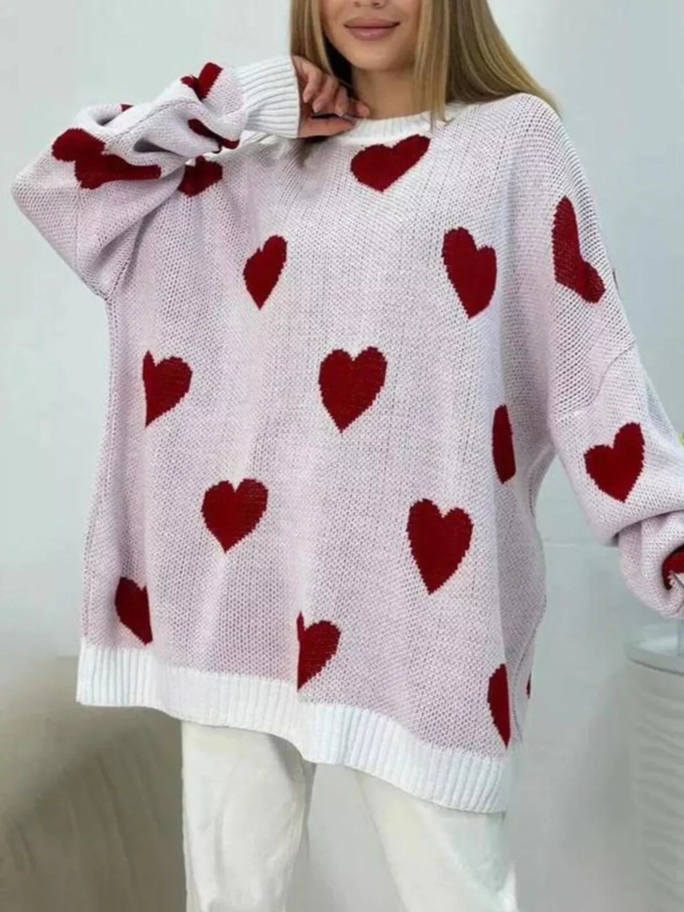 Heart Round Neck Oversized Knit Sweater - PBNJ FASHIONS