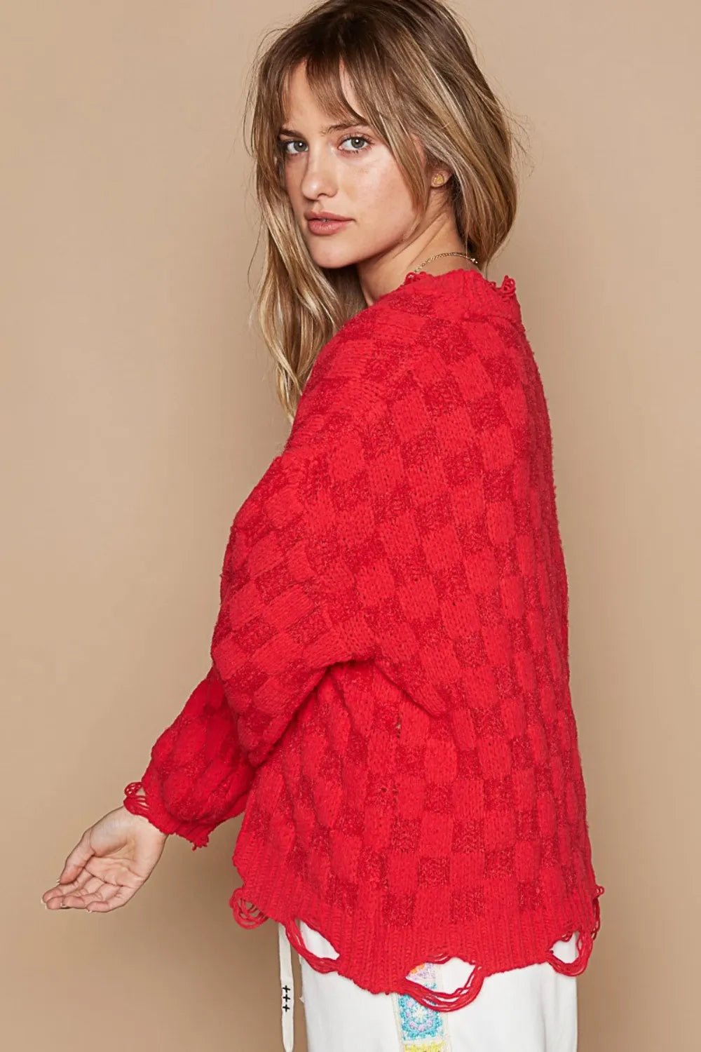 POL Checkered Distressed Edge Sweater - PBNJ FASHIONS