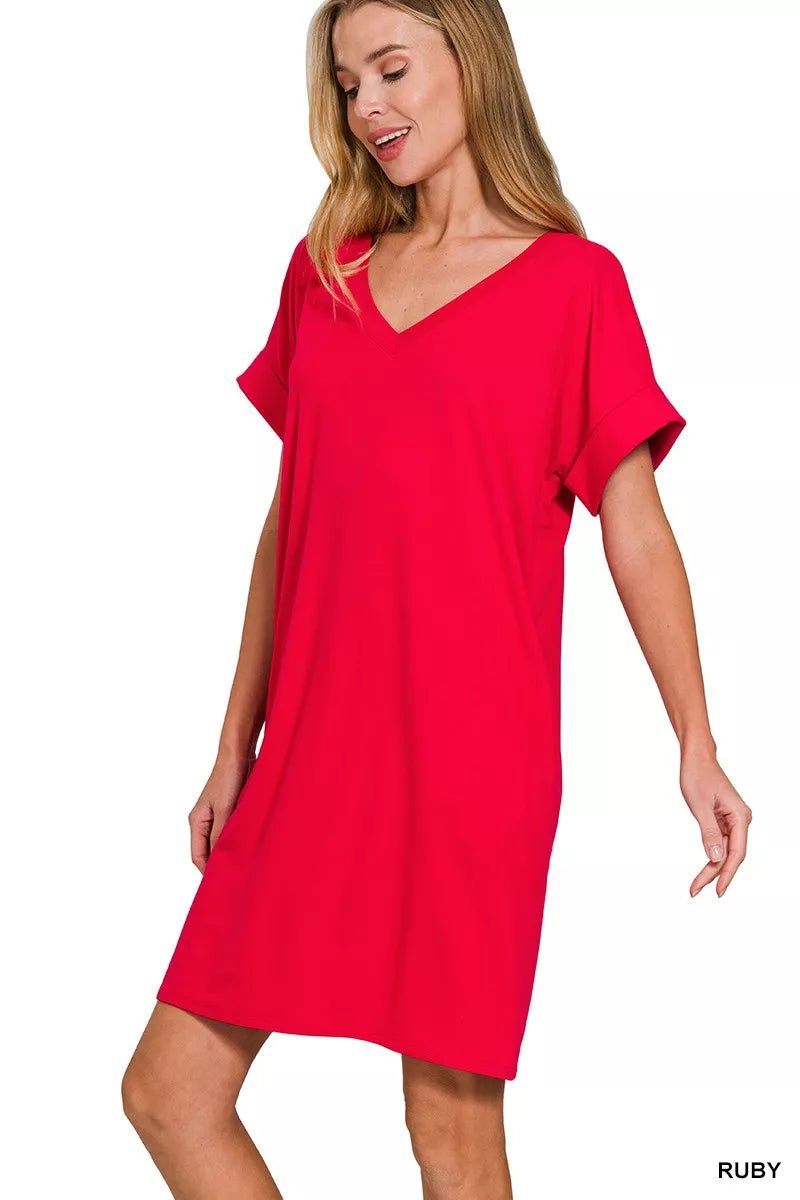 Zenana Brushed Dty Rolled Short Sleeve V - Neck Dress - PBNJ FASHIONS