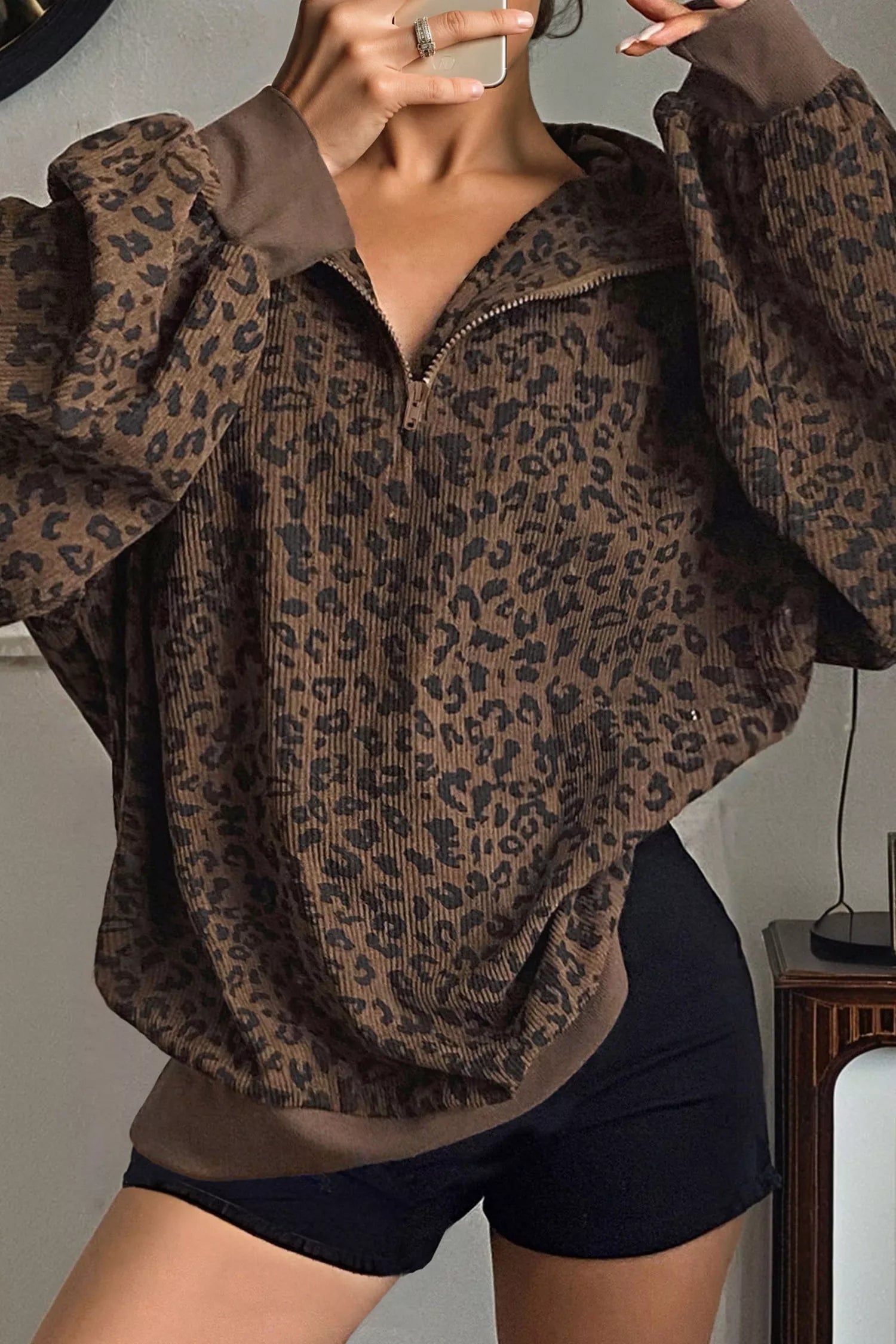 Leopard Print Quarter Zip Corduroy Sweatshirt - PBNJ FASHIONS