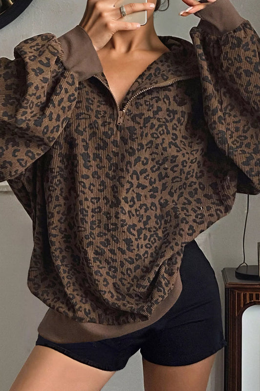 Leopard Print Quarter Zip Corduroy Sweatshirt - PBNJ FASHIONS