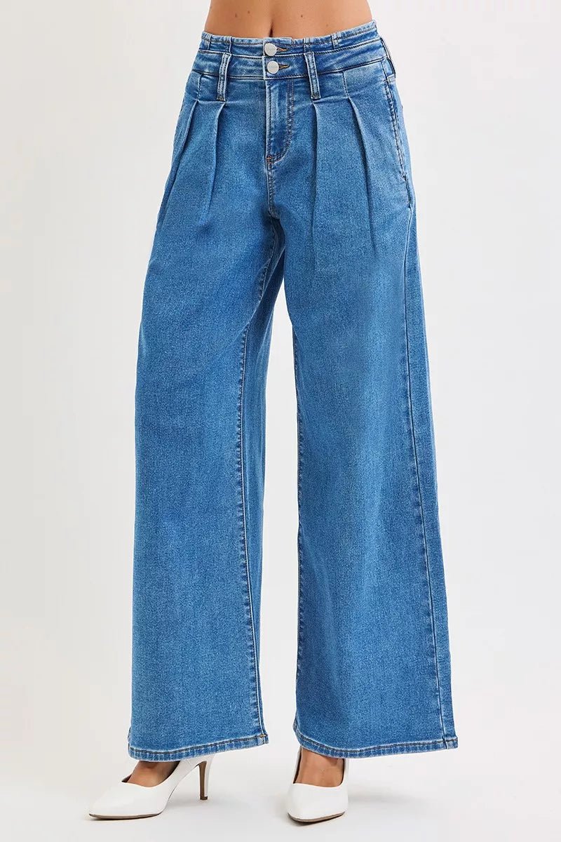 RISEN Full Size Mid Rise Fit Wide Leg with Pleated Detail Jeans Plus Size - PBNJ FASHIONS