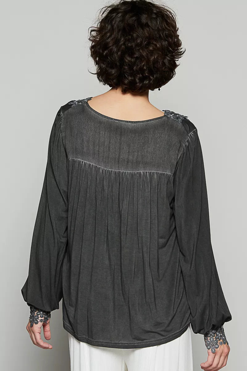POL Floral Embroidery Woven Top with Lace Trim - PBNJ FASHIONS