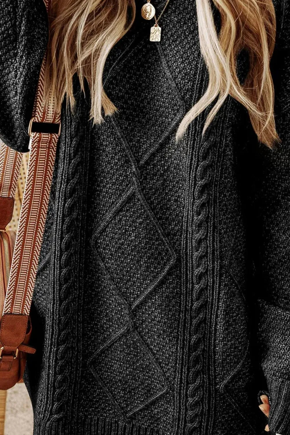 Cable - Knit Round Neck Sweater Dress - PBNJ FASHIONS