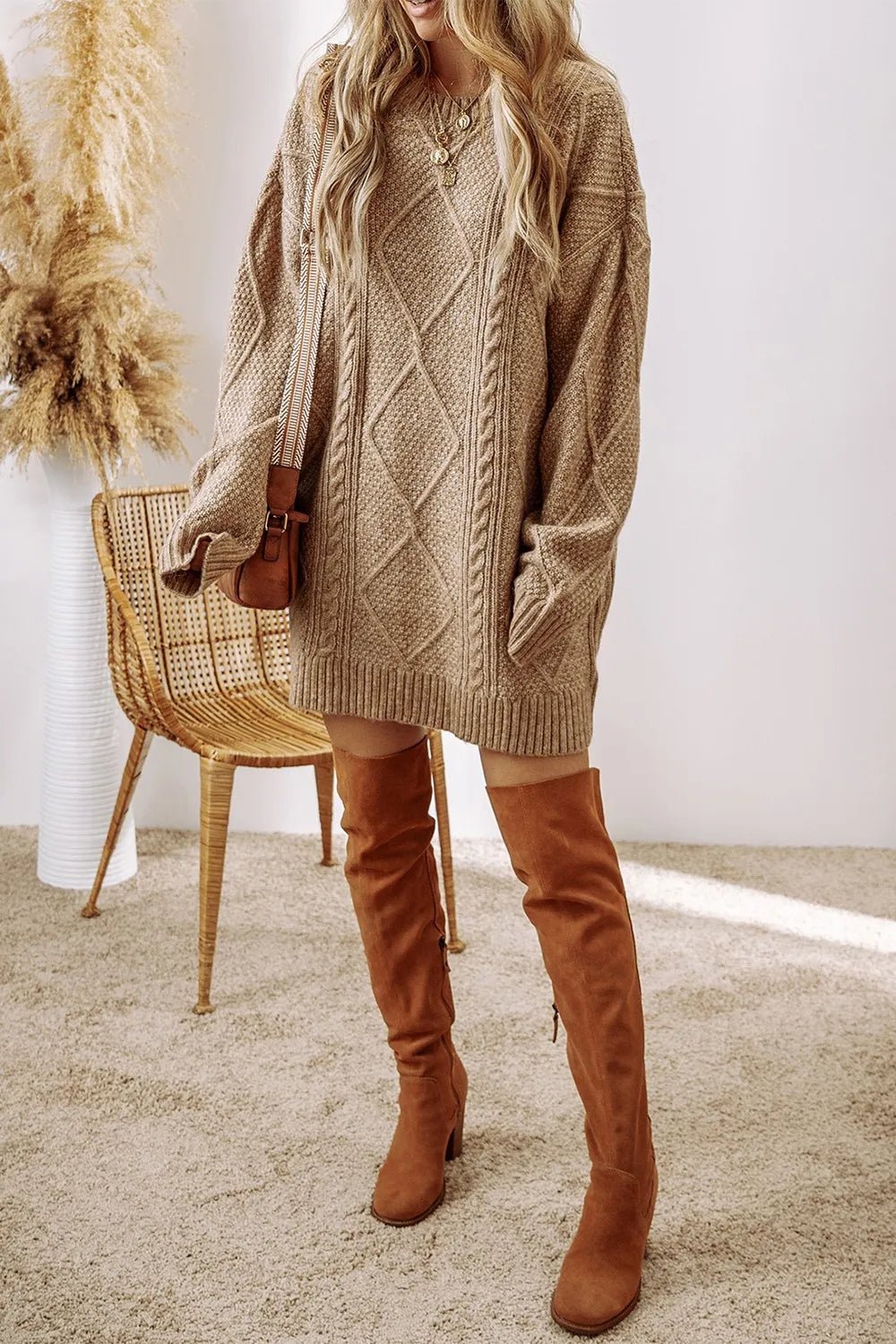 Cable - Knit Round Neck Sweater Dress - PBNJ FASHIONS