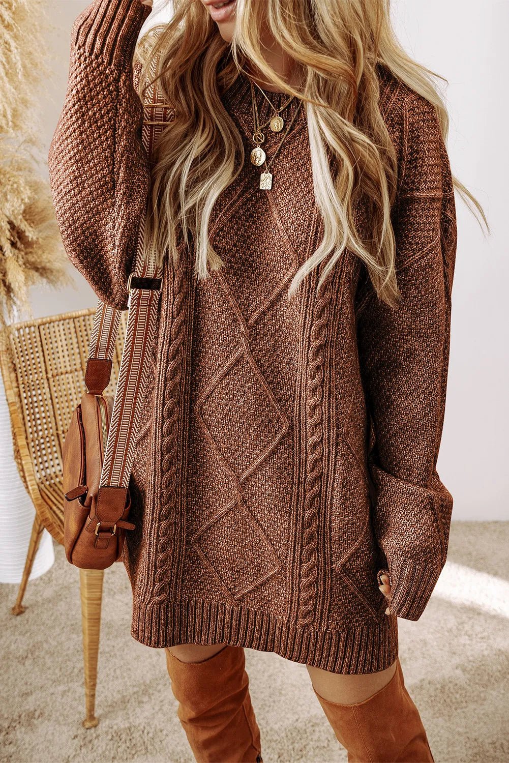 Cable - Knit Round Neck Sweater Dress - PBNJ FASHIONS