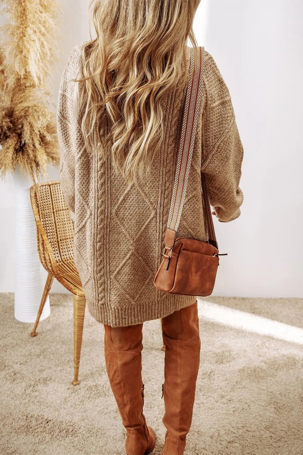 Cable - Knit Round Neck Sweater Dress - PBNJ FASHIONS