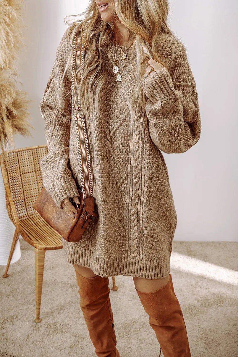 Cable - Knit Round Neck Sweater Dress - PBNJ FASHIONS