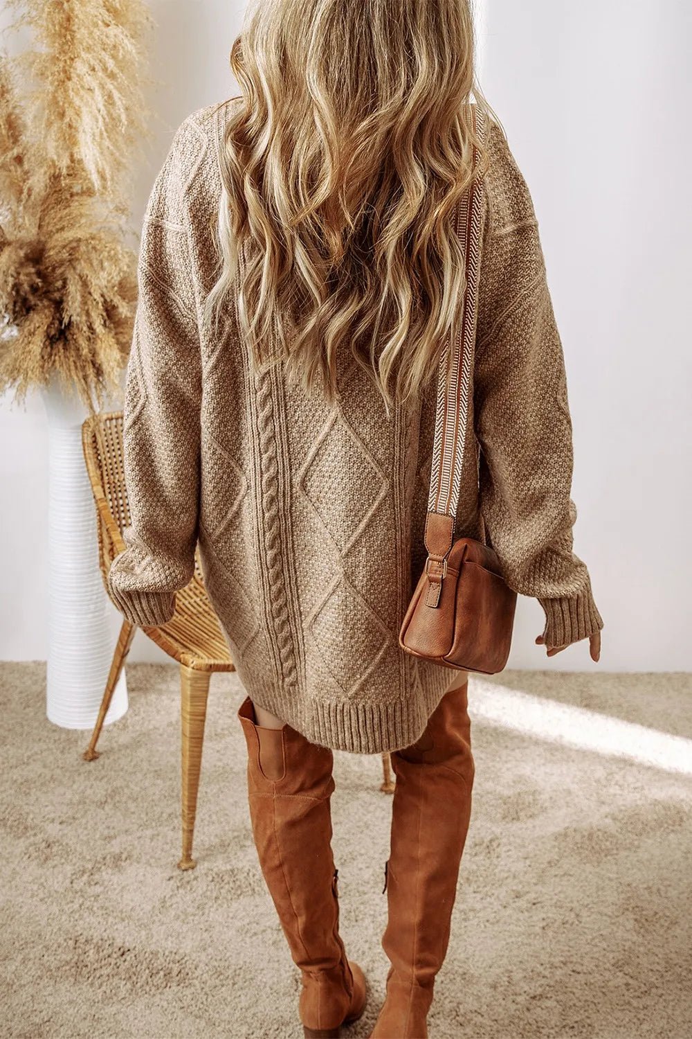 Cable - Knit Round Neck Sweater Dress - PBNJ FASHIONS