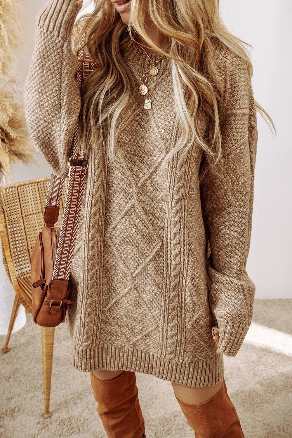 Cable - Knit Round Neck Sweater Dress - PBNJ FASHIONS
