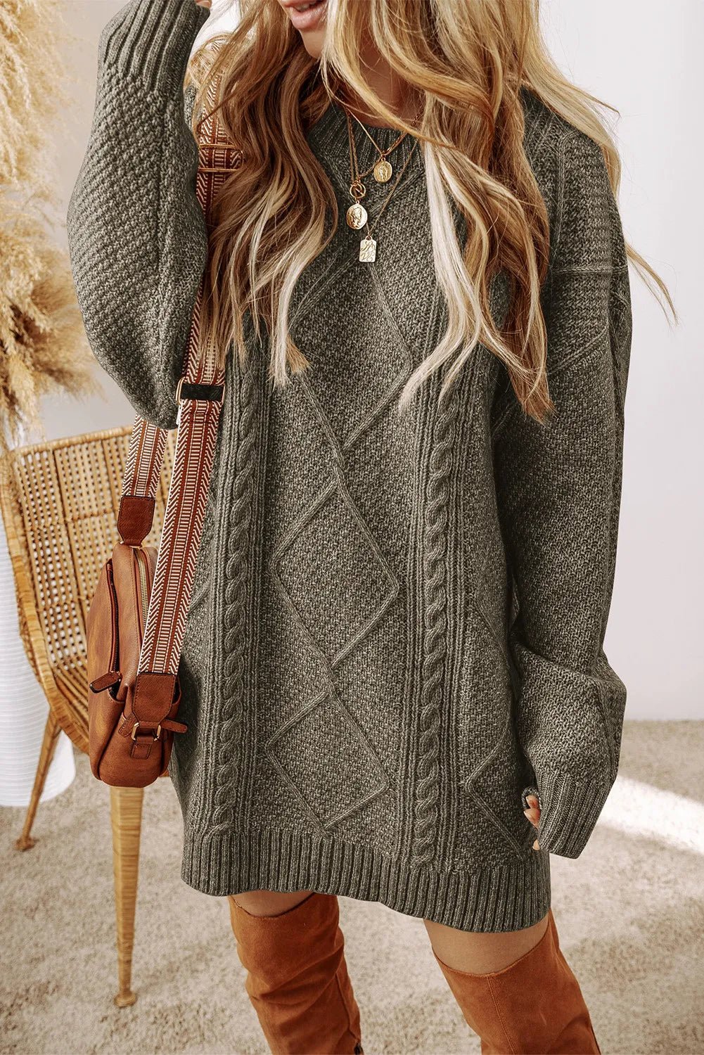 Cable - Knit Round Neck Sweater Dress - PBNJ FASHIONS