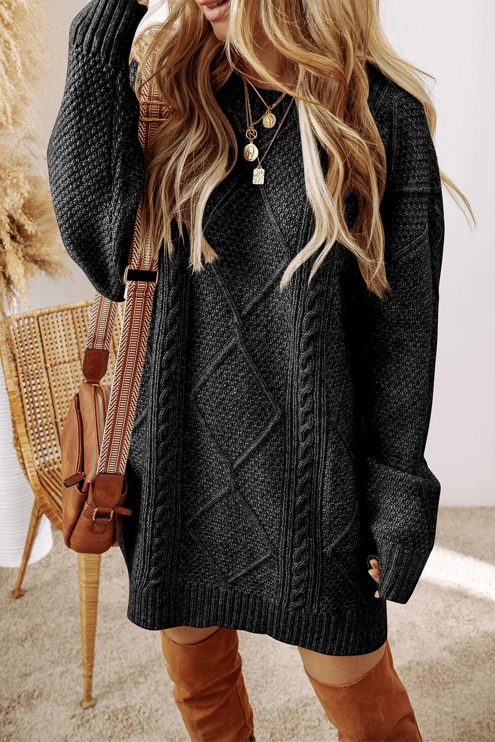 Cable - Knit Round Neck Sweater Dress - PBNJ FASHIONS