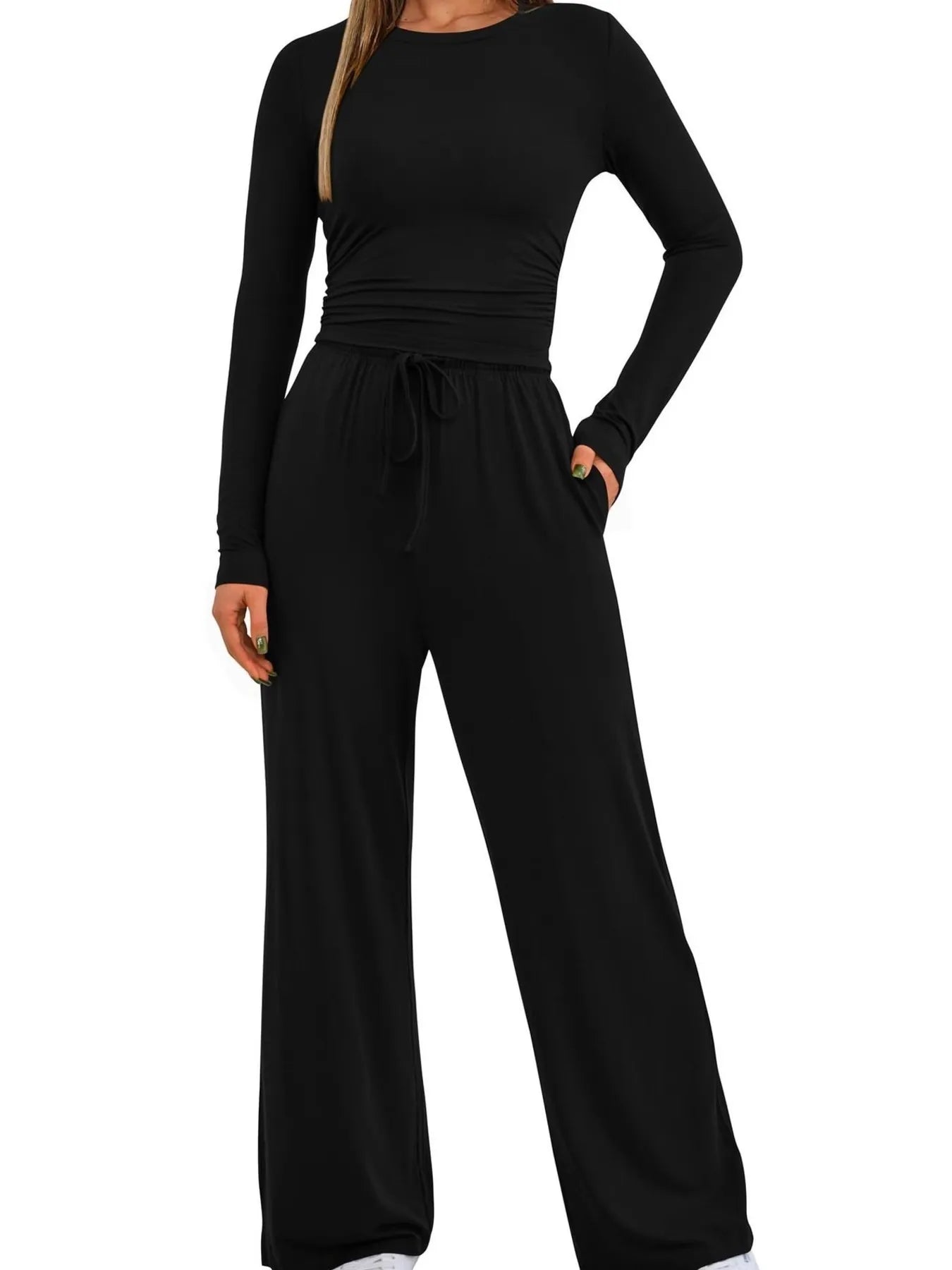 Round Neck Long Sleeve Top and Pants Set - PBNJ FASHIONS