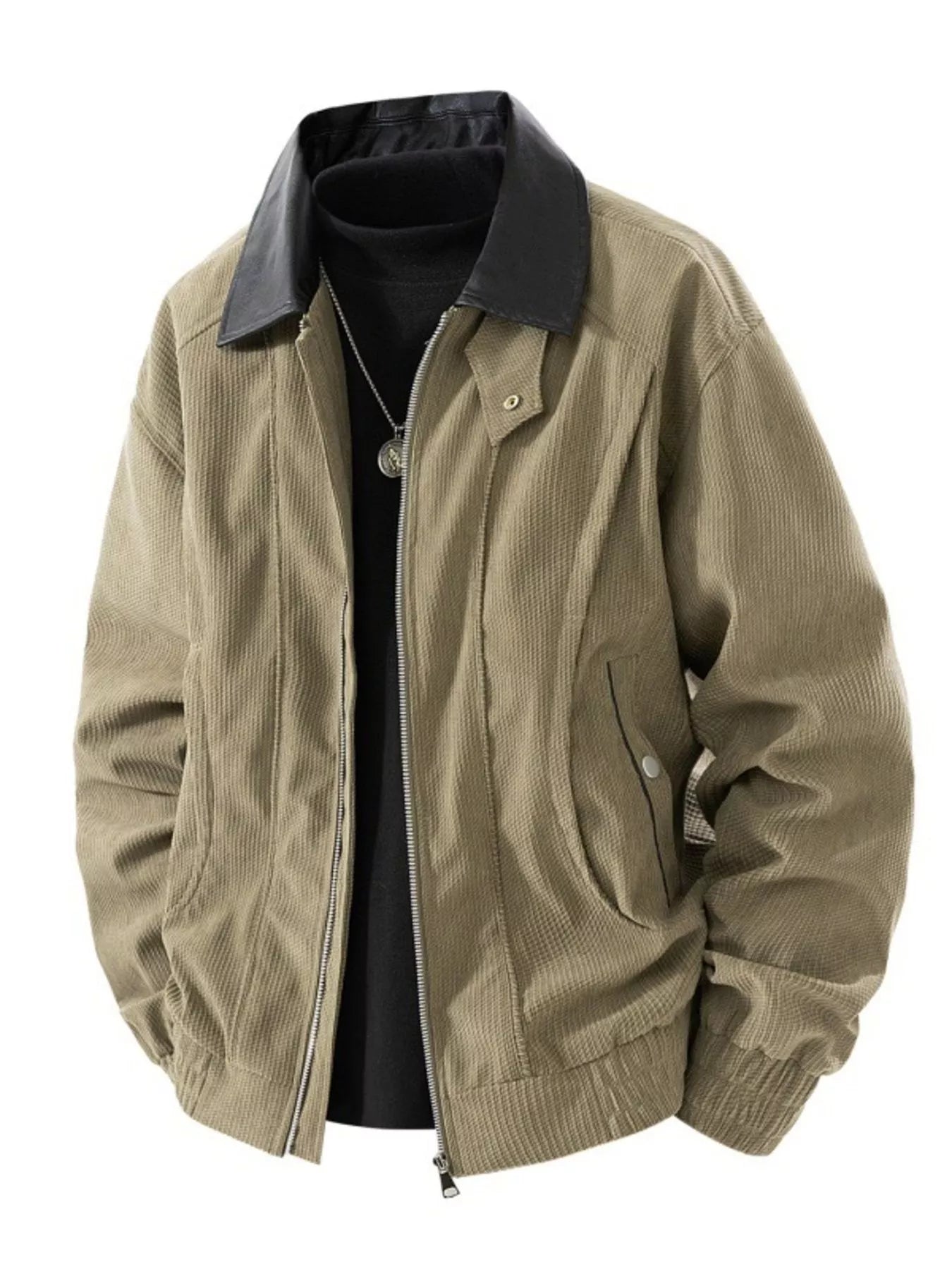 Men's Plus Size Zip Up Corduroy Jacket with Leather Collar - PBNJ FASHIONS