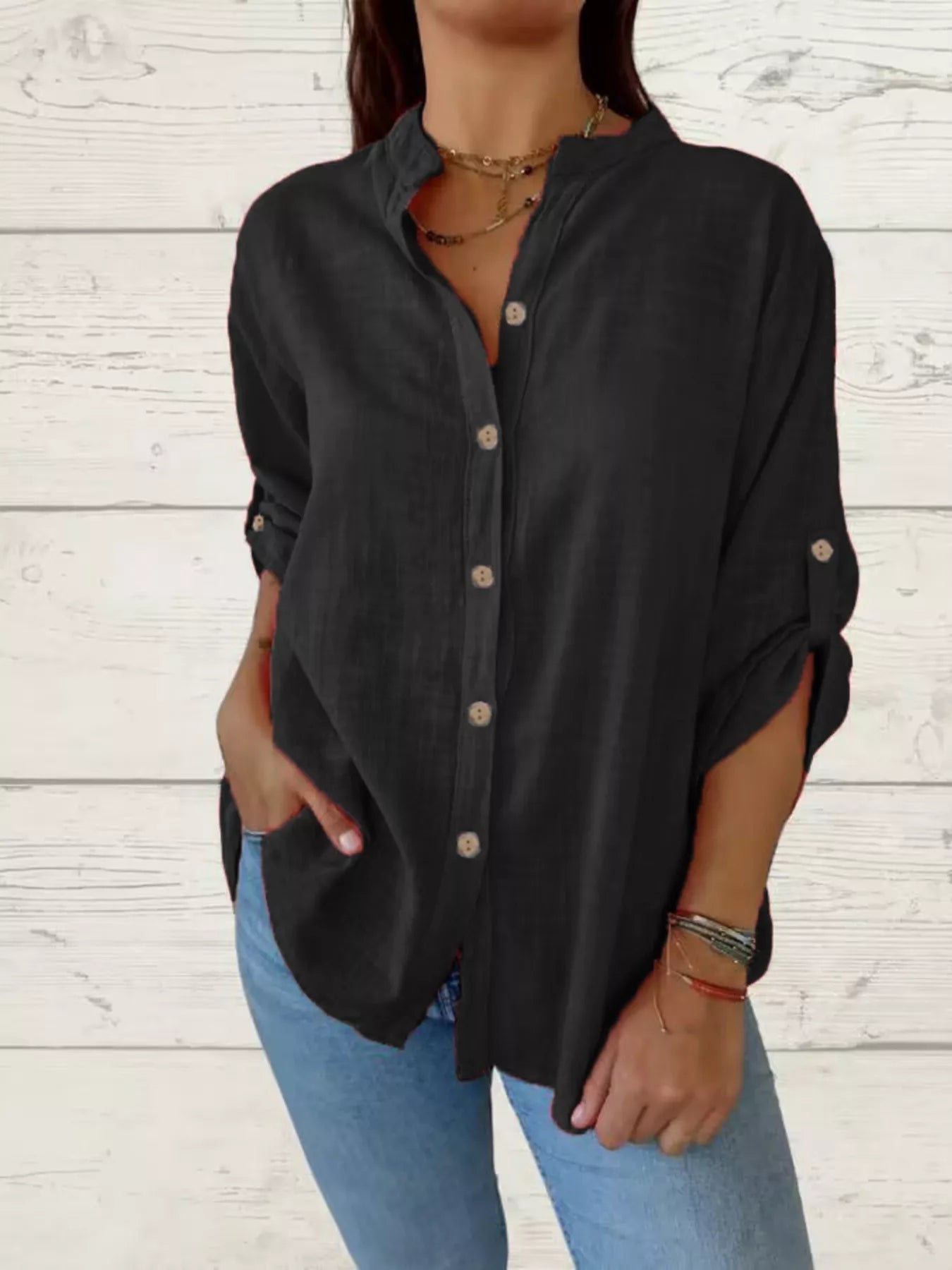Casual Comfort Plus Size Button-Down Shirt with Roll-Up Sleeves for All-Day Ease - Black-S- - PBNJ FASHIONS