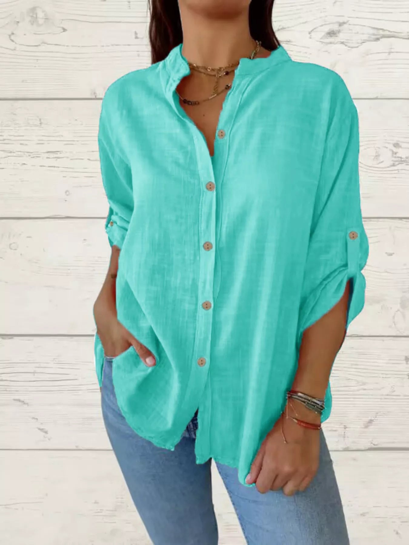 Casual Comfort Plus Size Button-Down Shirt with Roll-Up Sleeves for All-Day Ease - Turquoise-S- - PBNJ FASHIONS