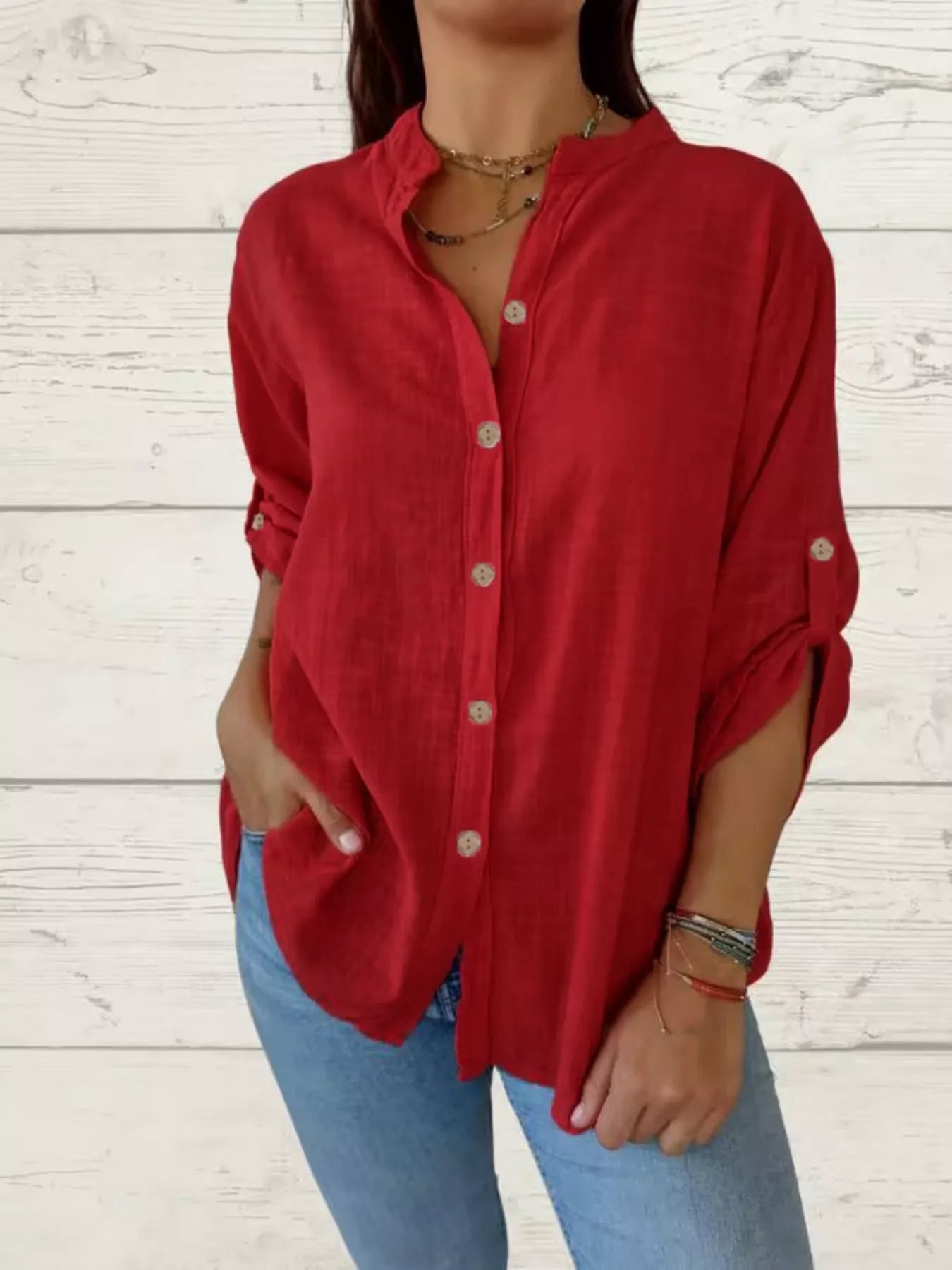 Casual Comfort Plus Size Button-Down Shirt with Roll-Up Sleeves for All-Day Ease - Red-S- - PBNJ FASHIONS