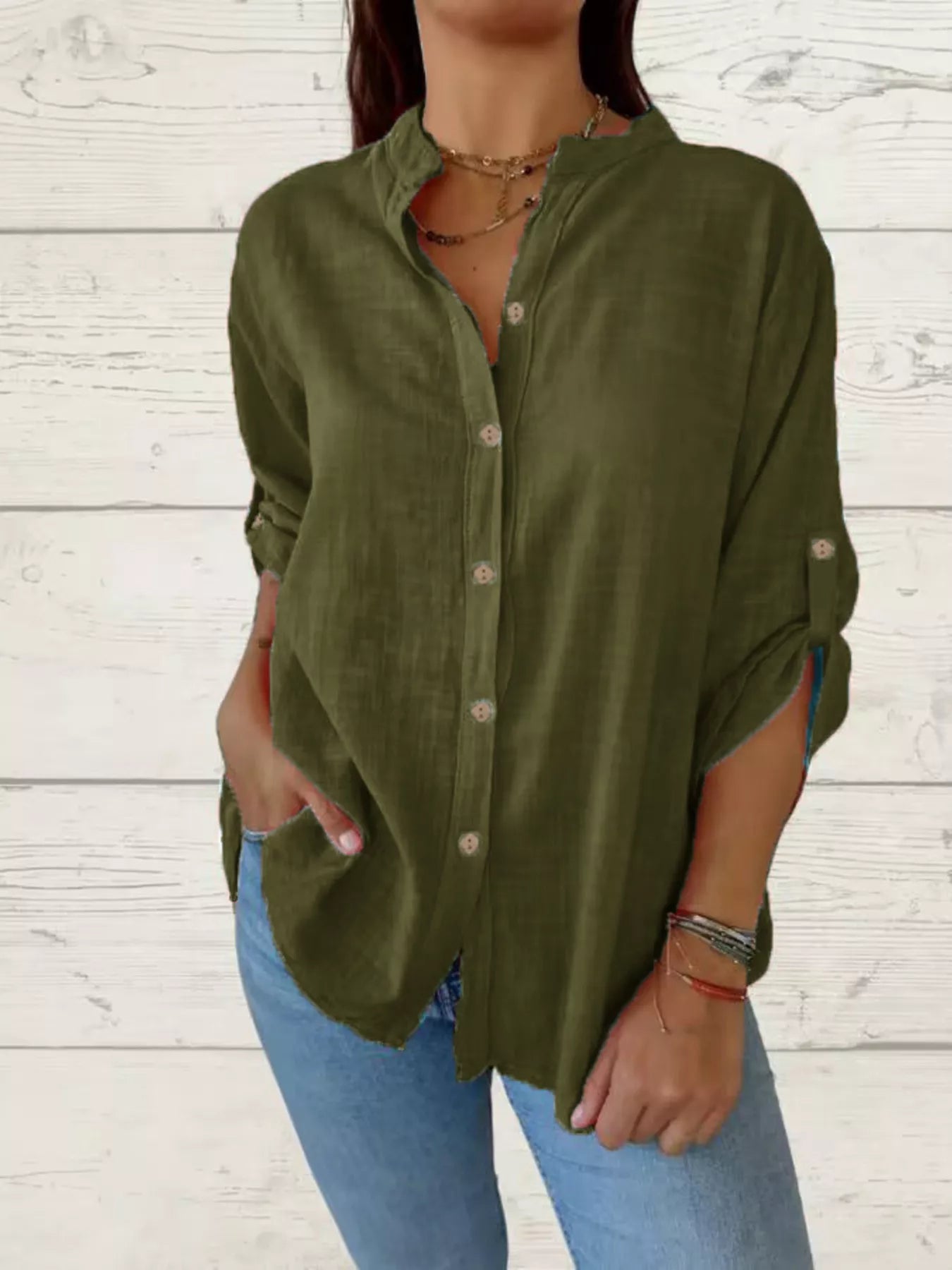 Casual Comfort Plus Size Button-Down Shirt with Roll-Up Sleeves for All-Day Ease - Army Green-S- - PBNJ FASHIONS