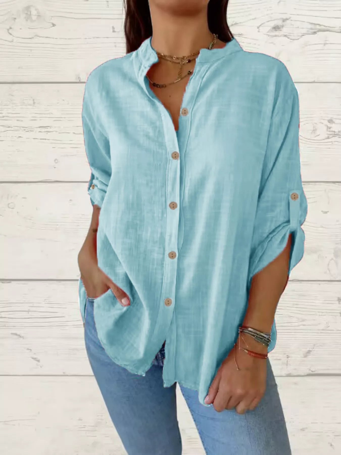 Casual Comfort Plus Size Button-Down Shirt with Roll-Up Sleeves for All-Day Ease - Sky Blue-S- - PBNJ FASHIONS
